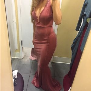 pink velvet prom dress